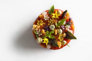 Tomato lobster disc garnished with croutons, chervil, chive tips, lemon gel, bonito mayonnaise, tomato flowers, fennel flowers, and basil on a white surface. Prepared by Daniel Humm at Eleven Madison Park.